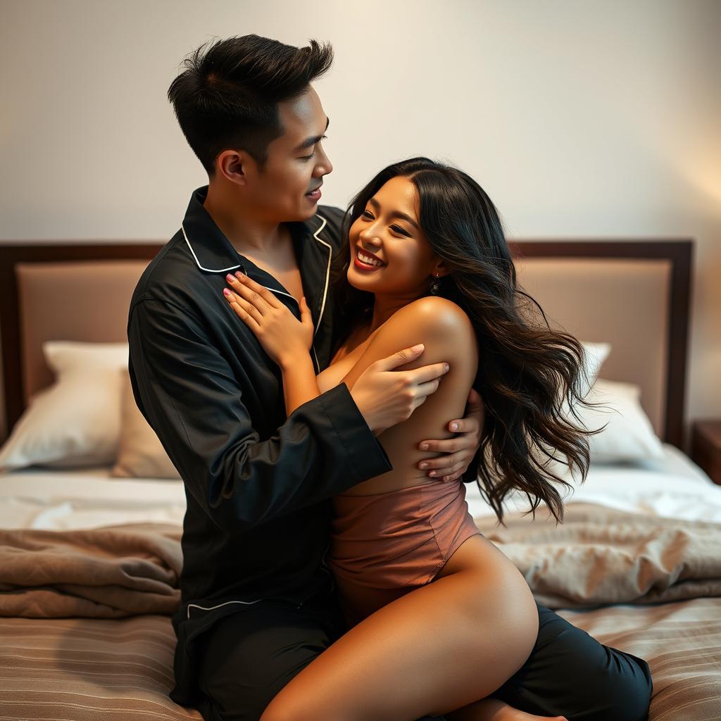 An intimate and romantic scene featuring a Chinese man wearing stylish pajamas, lovingly hugging and kissing a beautiful, sexy woman in a cozy bedroom