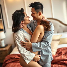 An intimate and romantic scene featuring a Chinese man wearing stylish pajamas, lovingly hugging and kissing a beautiful, sexy woman in a cozy bedroom