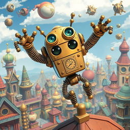 A whimsical, anime-style clockwork robot thief with springy arms, depicted in a vibrant, fantastical steampunk city
