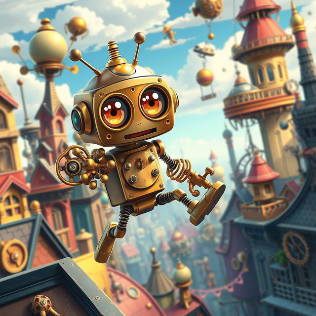 A whimsical, anime-style clockwork robot thief with springy arms, depicted in a vibrant, fantastical steampunk city