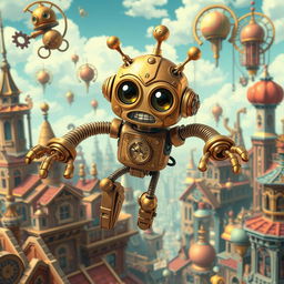 A whimsical, anime-style clockwork robot thief with springy arms, depicted in a vibrant, fantastical steampunk city