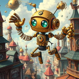 A whimsical, anime-style clockwork robot thief with springy arms, depicted in a vibrant, fantastical steampunk city