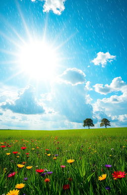 A surreal landscape depicting rain falling in the midst of a bright sunny day, showing vivid sunlight radiating down on a lush green field