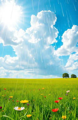 A surreal landscape depicting rain falling in the midst of a bright sunny day, showing vivid sunlight radiating down on a lush green field