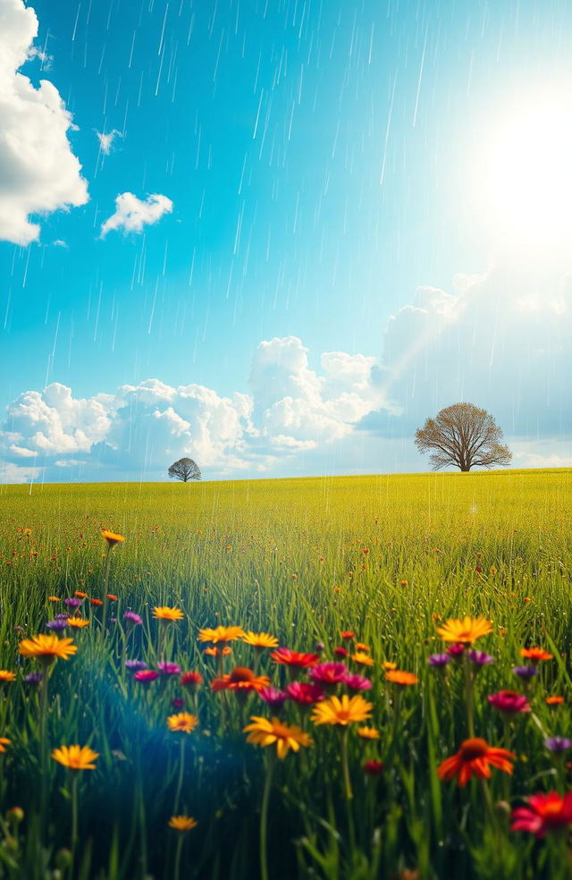 A surreal landscape depicting rain falling in the midst of a bright sunny day, showing vivid sunlight radiating down on a lush green field