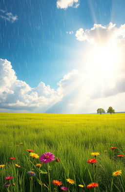 A surreal landscape depicting rain falling in the midst of a bright sunny day, showing vivid sunlight radiating down on a lush green field