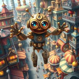 A whimsical, anime-inspired clockwork robot thief with springy arms, elegantly depicted in a vibrant steampunk city