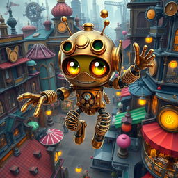 A whimsical, anime-inspired clockwork robot thief with springy arms, elegantly depicted in a vibrant steampunk city