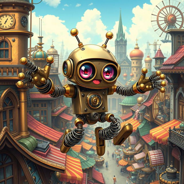 A whimsical, anime-inspired clockwork robot thief with springy arms, elegantly depicted in a vibrant steampunk city