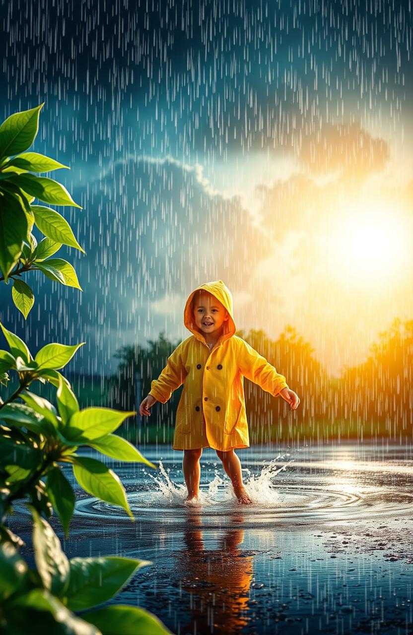 A graphic design featuring a contrast between a heavy rain shower and bright sunshine