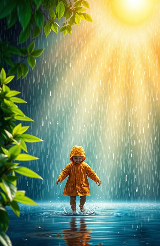 A graphic design featuring a contrast between a heavy rain shower and bright sunshine