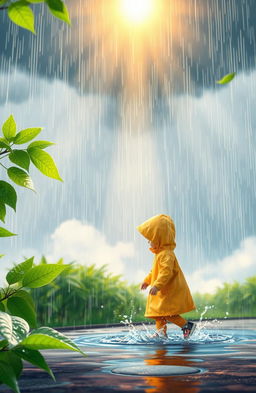 A graphic design featuring a contrast between a heavy rain shower and bright sunshine