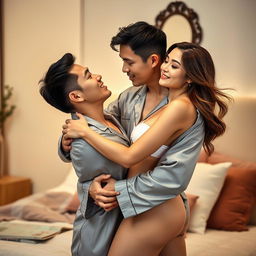 An intimate scene featuring a Chinese man in stylish pajamas, embracing and kissing a beautiful, sexy woman in a cozy bedroom