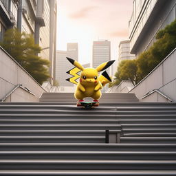 Pikachu performing a tre flip with a skateboard down an imposing stair set in the heart of Tokyo