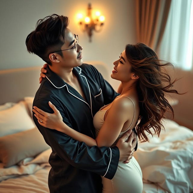 An intimate scene featuring a Chinese man in stylish pajamas, embracing and kissing a beautiful, sexy woman in a cozy bedroom