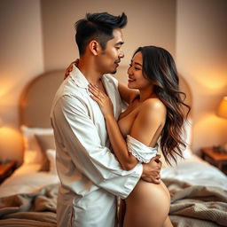 An intimate scene featuring a Chinese man in stylish pajamas, embracing and kissing a beautiful, sexy woman in a cozy bedroom