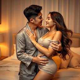An intimate scene featuring a Chinese man in stylish pajamas, embracing and kissing a beautiful, sexy woman in a cozy bedroom