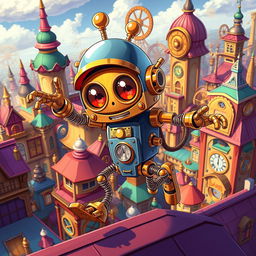 A whimsical clockwork robot thief with springy arms, illustrated in a vibrant anime style