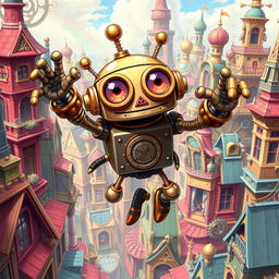 A whimsical clockwork robot thief with springy arms, illustrated in a vibrant anime style