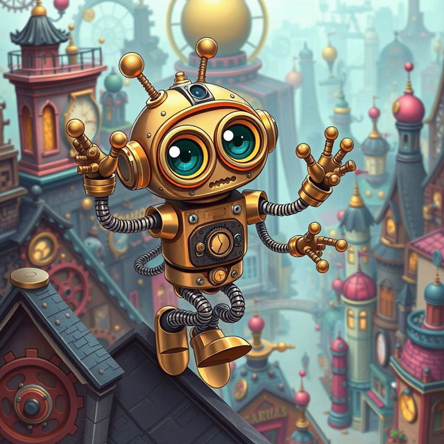 A whimsical clockwork robot thief with springy arms, illustrated in a vibrant anime style