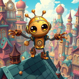 A whimsical clockwork robot thief with springy arms, illustrated in a vibrant anime style
