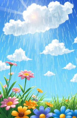 An animated scene depicting rain falling in the midst of a bright sunny day, with rays of sunlight breaking through the clouds