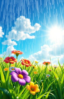 An animated scene depicting rain falling in the midst of a bright sunny day, with rays of sunlight breaking through the clouds