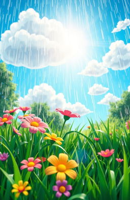 An animated scene depicting rain falling in the midst of a bright sunny day, with rays of sunlight breaking through the clouds