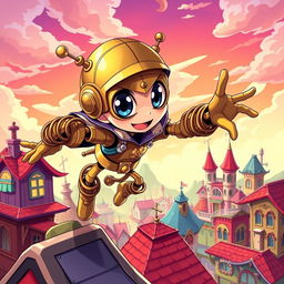 A whimsical clockwork thief with springy arms, illustrated in a vibrant anime style