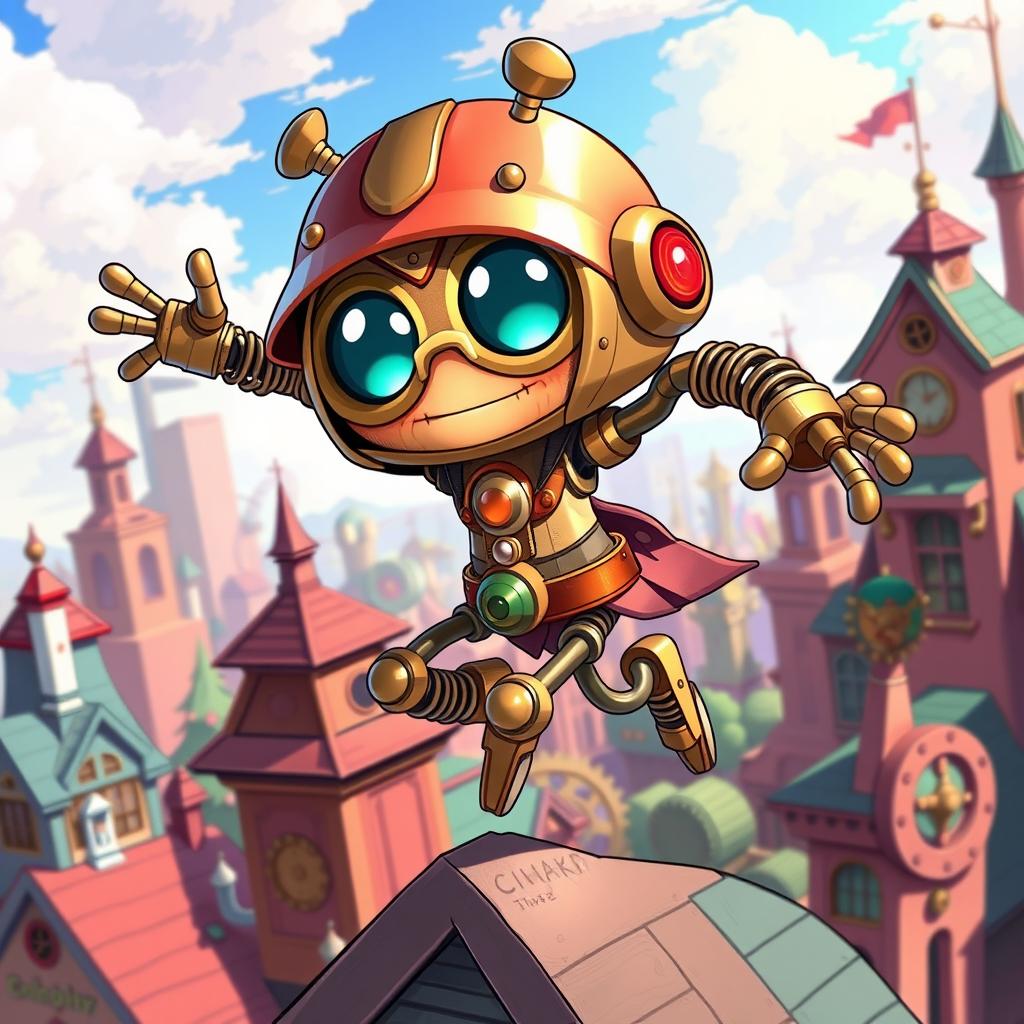 A whimsical clockwork thief with springy arms, illustrated in a vibrant anime style