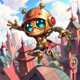 A whimsical clockwork thief with springy arms, illustrated in a vibrant anime style