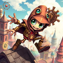 A whimsical clockwork thief with springy arms, illustrated in a vibrant anime style