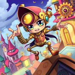A whimsical clockwork thief with springy arms, illustrated in a vibrant anime style