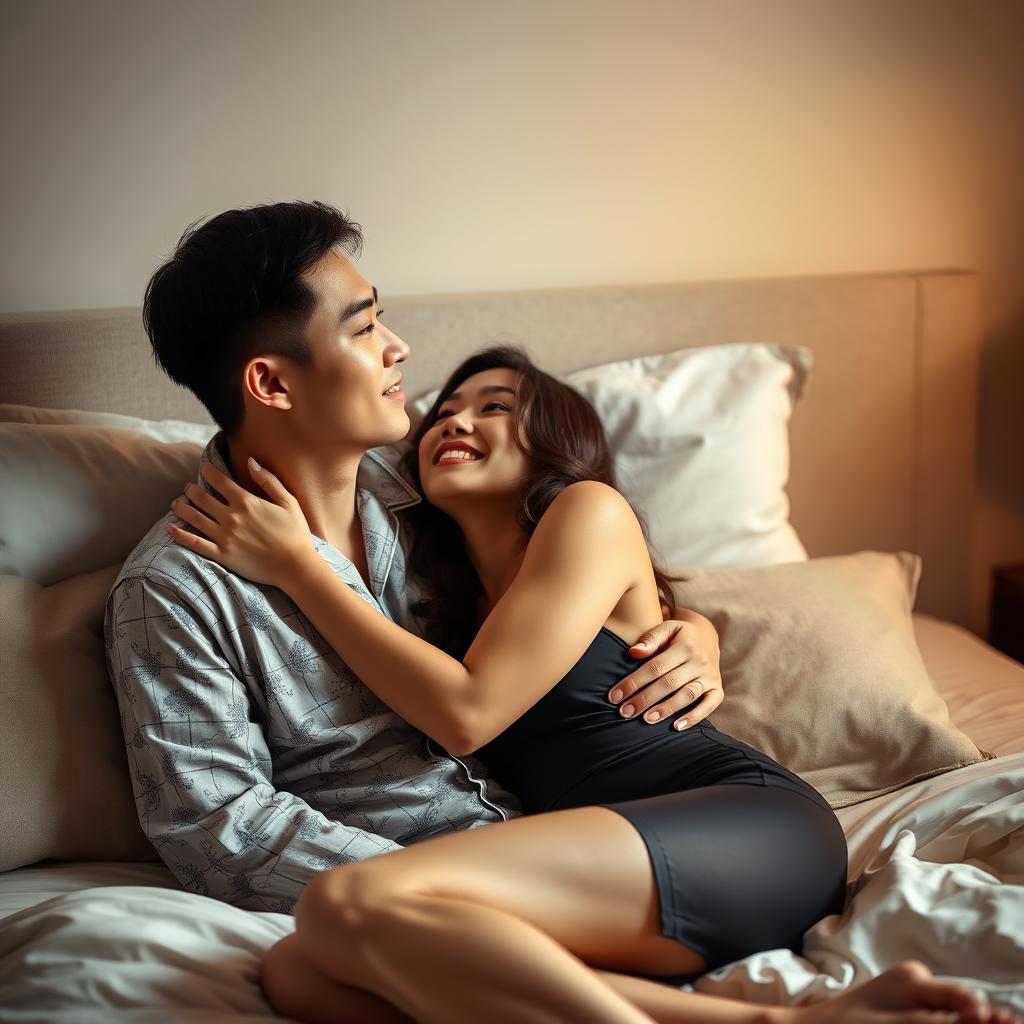 An intimate and romantic scene featuring a Chinese man in fashionable pajamas, gently hugging and kissing a beautiful, sexy woman in a cozy bedroom