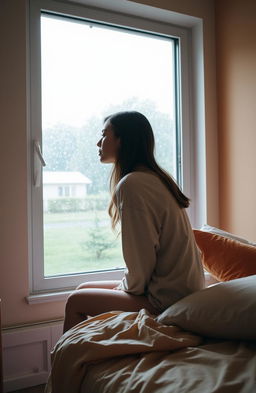 A young woman sitting on the edge of her bed in a cozy bedroom, gazing out of a large window