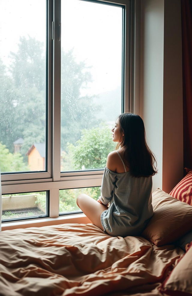 A young woman sitting on the edge of her bed in a cozy bedroom, gazing out of a large window