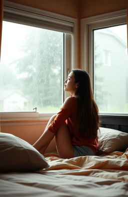 A young woman sitting on the edge of her bed in a cozy bedroom, gazing out of a large window