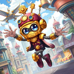 A whimsical clockwork thief with springy arms, beautifully illustrated in a vibrant anime style