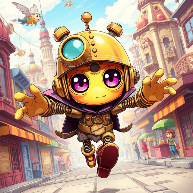 A whimsical clockwork thief with springy arms, beautifully illustrated in a vibrant anime style