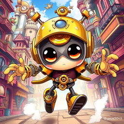 A whimsical clockwork thief with springy arms, beautifully illustrated in a vibrant anime style