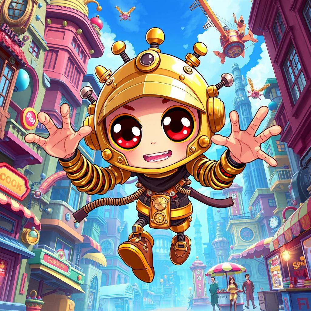 A whimsical clockwork thief with springy arms, beautifully illustrated in a vibrant anime style