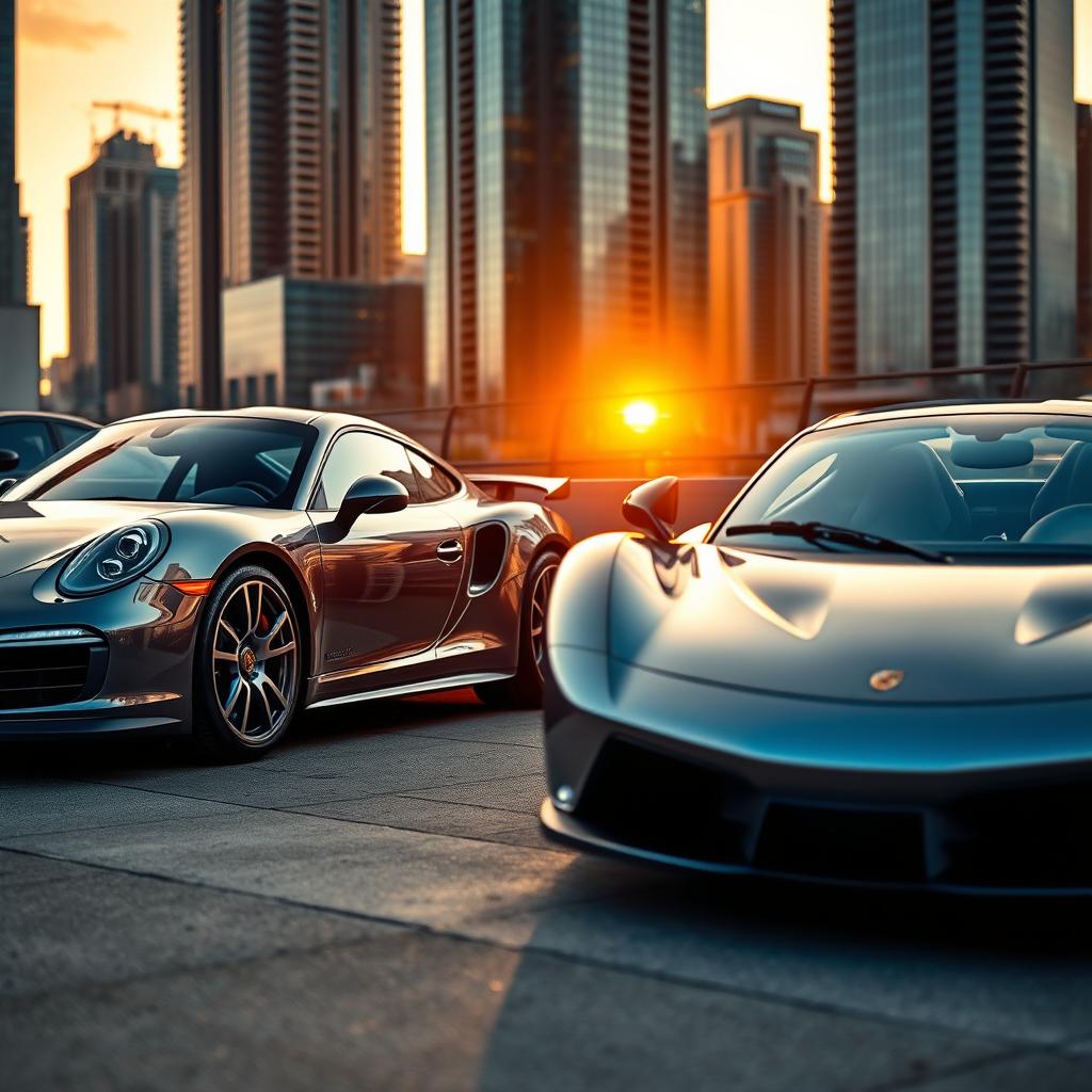 A luxurious Porsche parked next to a classic McLaren in a modern cityscape