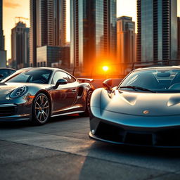 A luxurious Porsche parked next to a classic McLaren in a modern cityscape