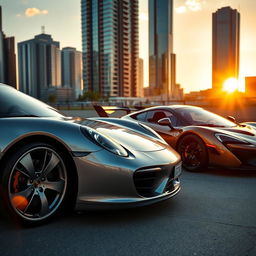 A luxurious Porsche parked next to a classic McLaren in a modern cityscape