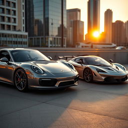 A luxurious Porsche parked next to a classic McLaren in a modern cityscape