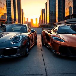 A luxurious Porsche parked next to a classic McLaren in a modern cityscape