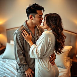 An intimate scene capturing a Chinese man in fashionable pajamas, tenderly hugging and kissing a beautiful, sexy woman in a cozy bedroom