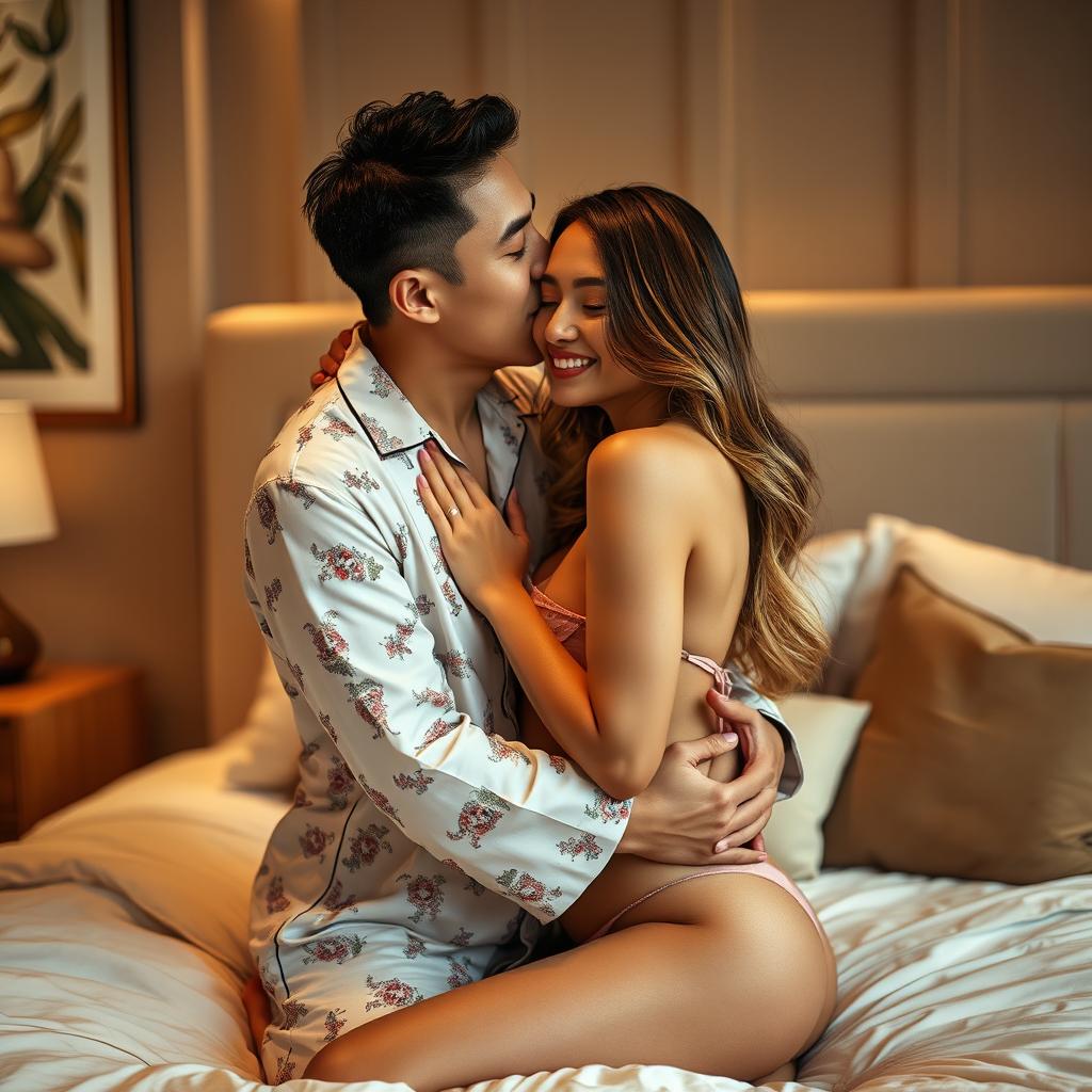 An intimate scene capturing a Chinese man in fashionable pajamas, tenderly hugging and kissing a beautiful, sexy woman in a cozy bedroom