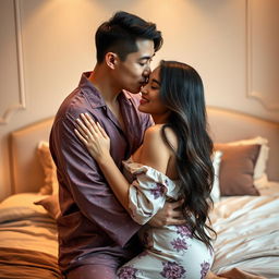 An intimate scene capturing a Chinese man in fashionable pajamas, tenderly hugging and kissing a beautiful, sexy woman in a cozy bedroom