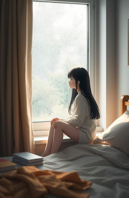 In a cozy, softly lit bedroom, a girl with long dark hair sits on the edge of a bed, gazing thoughtfully out of a window